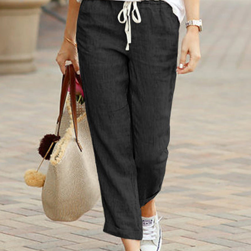 Casual trousers in cotton and linen with lacing