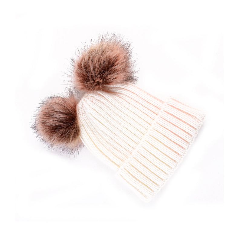 Winter Knitted Hat With Double Pompom Ears