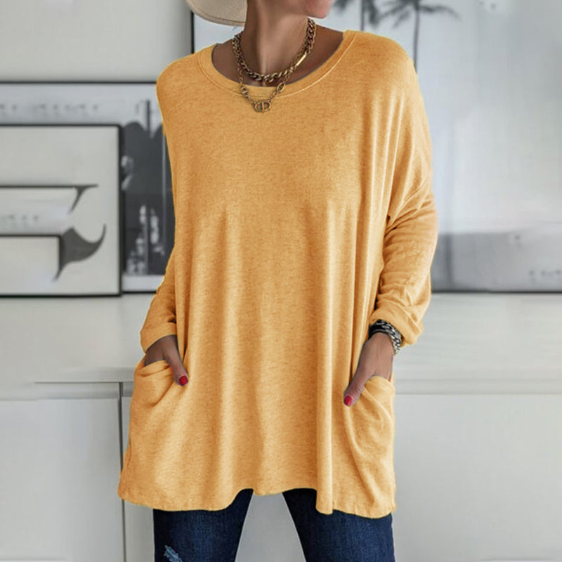 Round Neck Long Sleeve Loose Pocket Solid T-Shirt