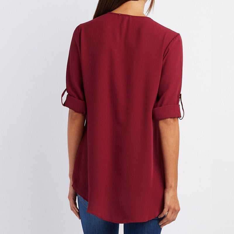 V Neck Zipper Plain Blouses