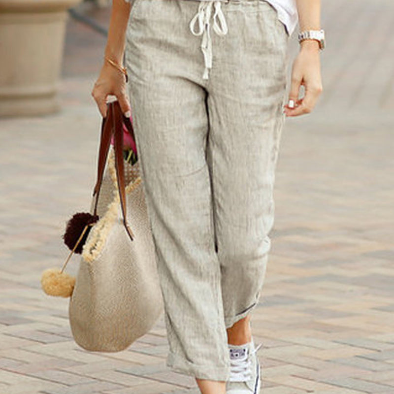 Casual trousers in cotton and linen with lacing