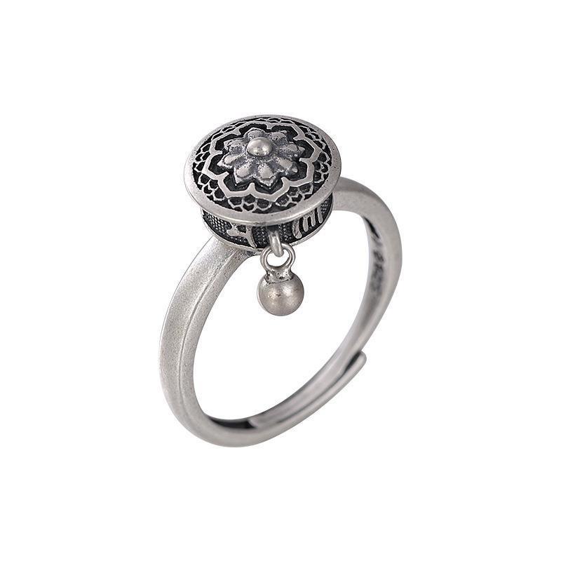 Buddhist Tibetan Prayer Wheel Ring OM Mantra Lotus Floral Ring