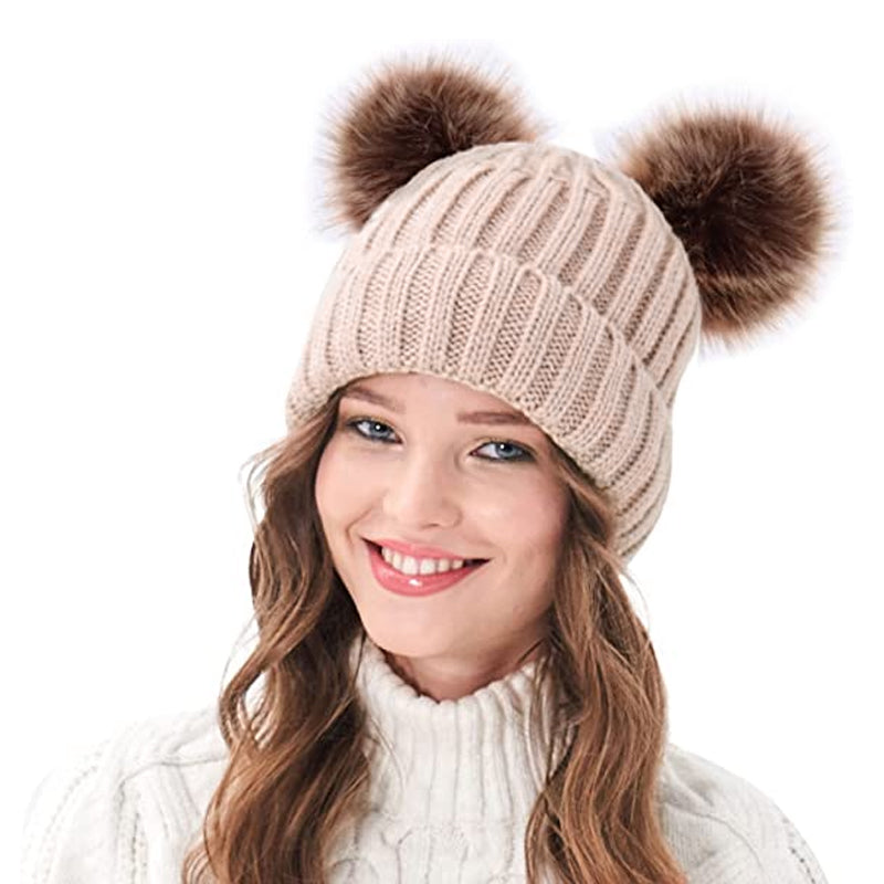 Winter Knitted Hat With Double Pompom Ears