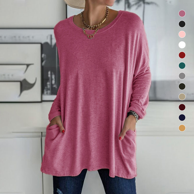 Round Neck Long Sleeve Loose Pocket Solid T-Shirt