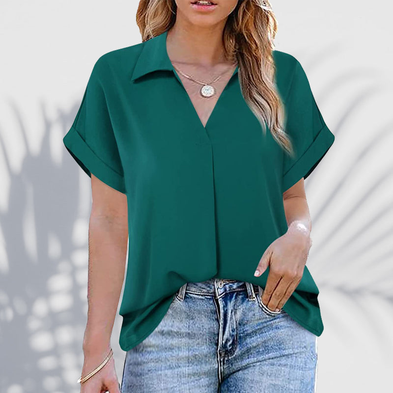 Short Sleeve V-Neck Solid Color Blouse