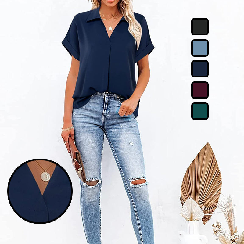 Short Sleeve V-Neck Solid Color Blouse