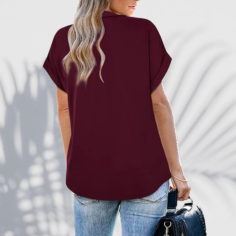 Short Sleeve V-Neck Solid Color Blouse