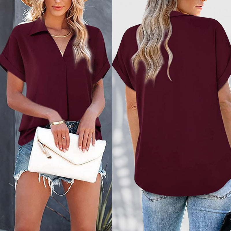 Short Sleeve V-Neck Solid Color Blouse