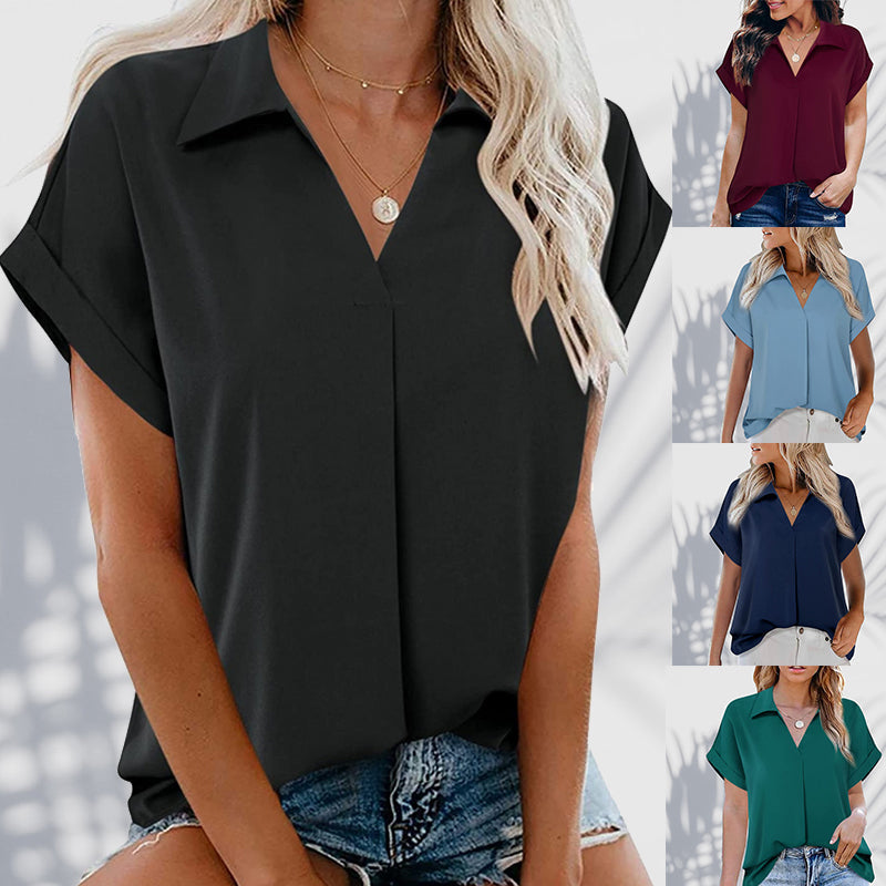 Short Sleeve V-Neck Solid Color Blouse