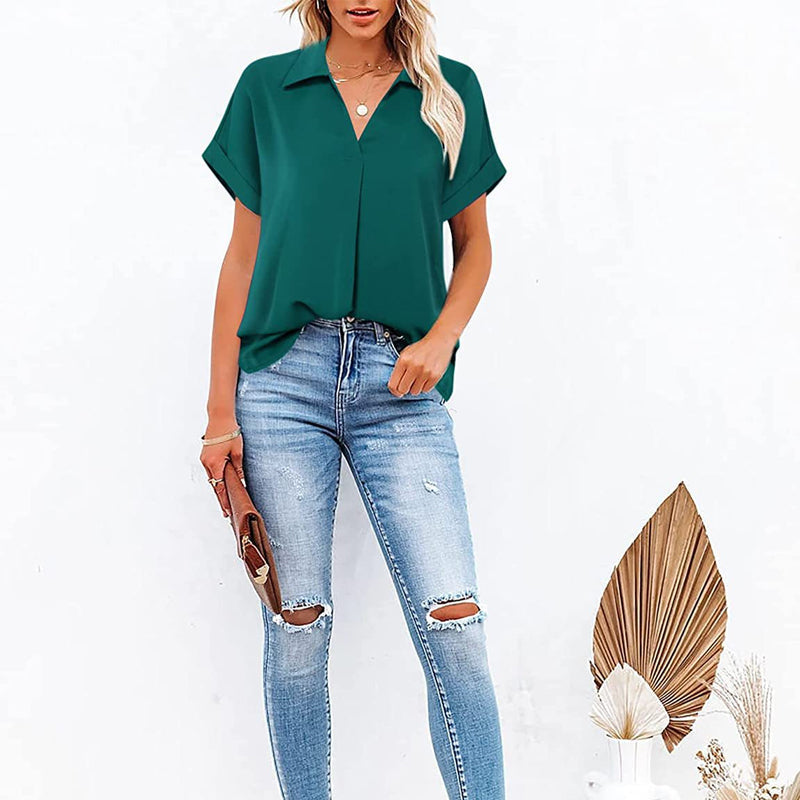 Short Sleeve V-Neck Solid Color Blouse