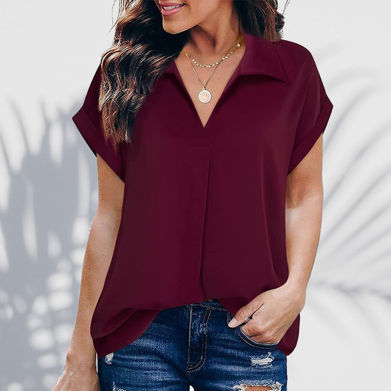 Short Sleeve V-Neck Solid Color Blouse