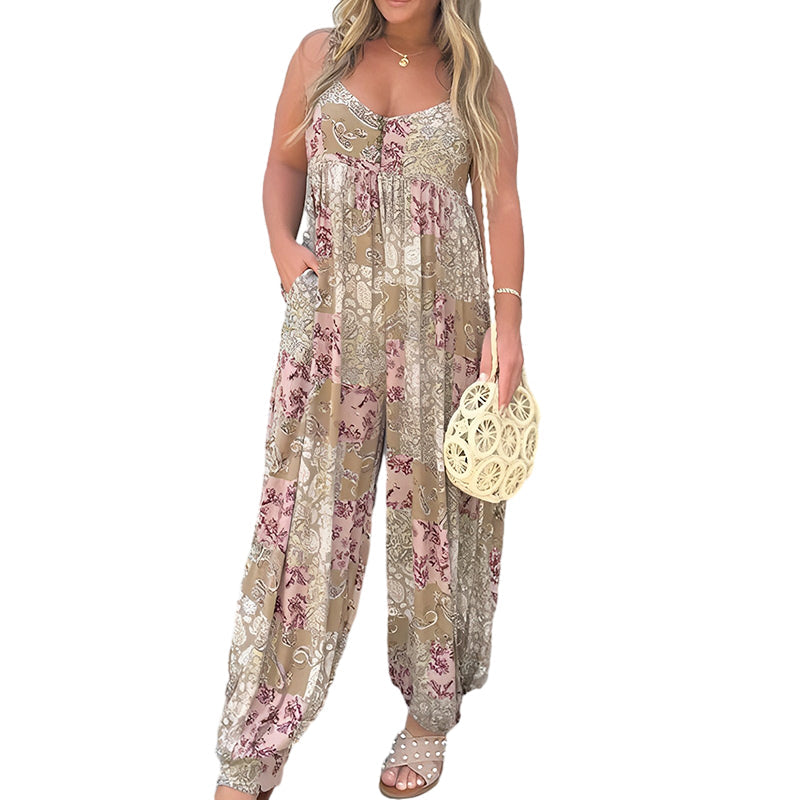 Patchwork Print Loose Jumpsuit